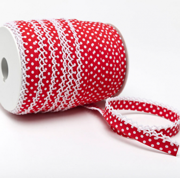 Schrägband Häkelborte rot mit weißen Punkten (1 m)
