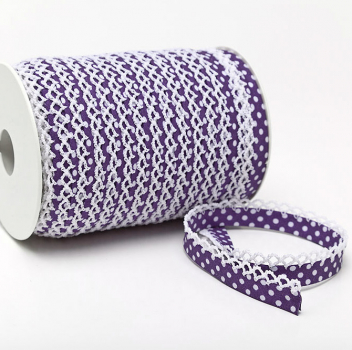 Schrägband Häkelborte violett mit weißen Punkten (1 m)