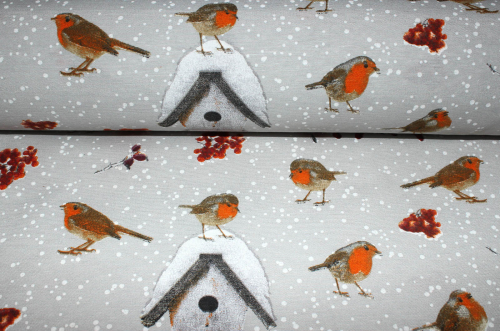 Dekostoff Ottoman Rotkehlchen im Schnee (10 cm)