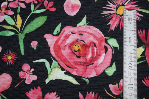 Canvas/Dekostoff Aquarellblumen schwarz  (10 cm)