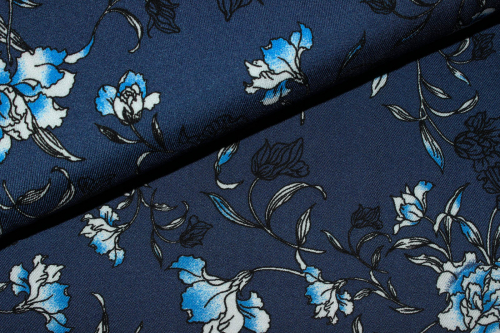 Viskose-Twill "Blumenreigen" blau (10 cm)