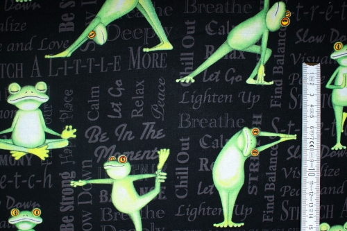 Designer-Baumwollstoff "Back in 5 Minutes" Yoga Frosch (10 cm)