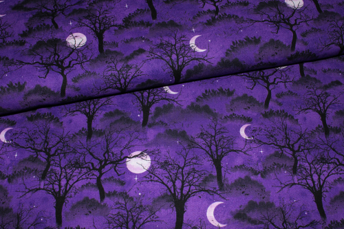 Designerbaumwollstoff Frightful night Purple Trees and Moons (10 cm)