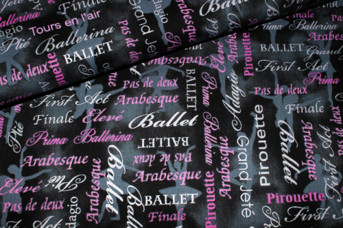 Designer-Baumwollstoff Pearl Ballet Words Pink/Black (10 cm)