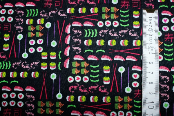 Designerbaumwolle "I love Sushi" schwarz (10 cm)